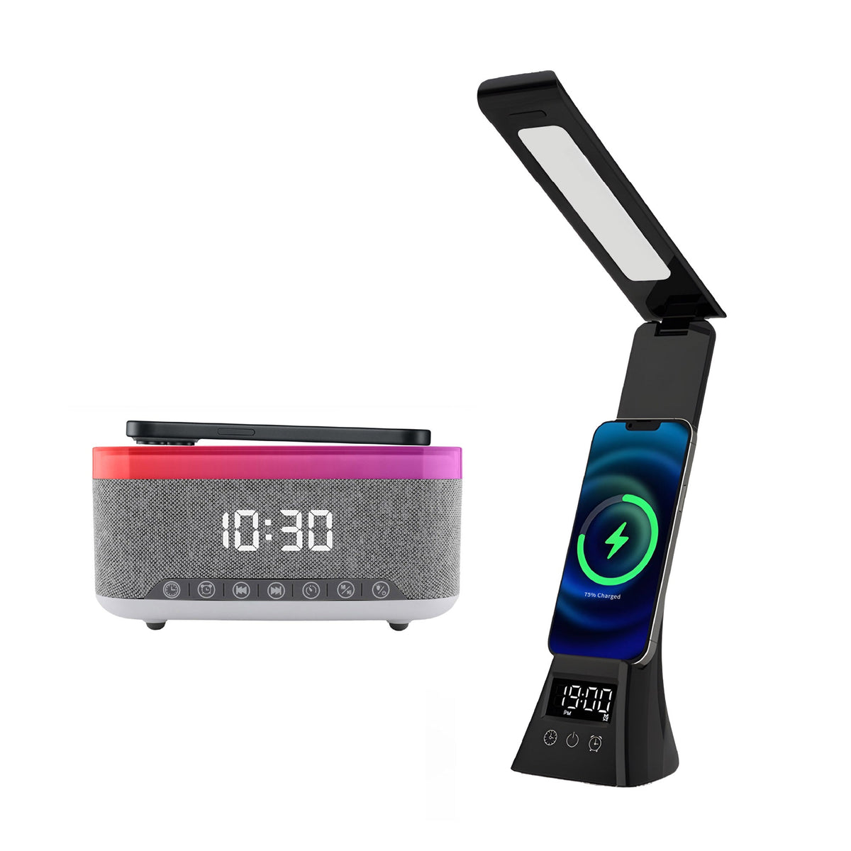 Wireless Charging Alarm Clock Speaker + LED Desk Lamp Charger