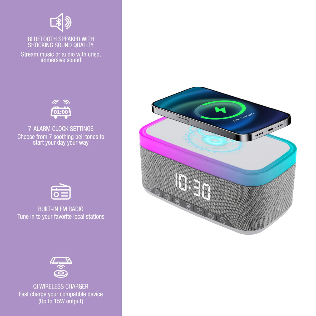 Wireless Charging Alarm Clock Speaker + LED Desk Lamp Charger