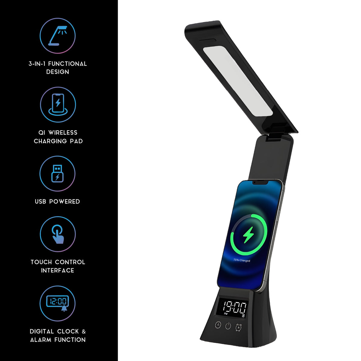 Wireless Charging Alarm Clock Speaker + LED Desk Lamp Charger